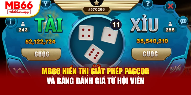 MB66 hiển thị giấy phép PAGCOR và bảng đánh giá từ hội viên